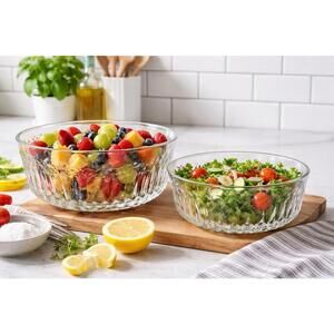 Arcoroc USA & France 1980s Diamond Starburst Glass Serving Mixing Bowls, 9” & 8”